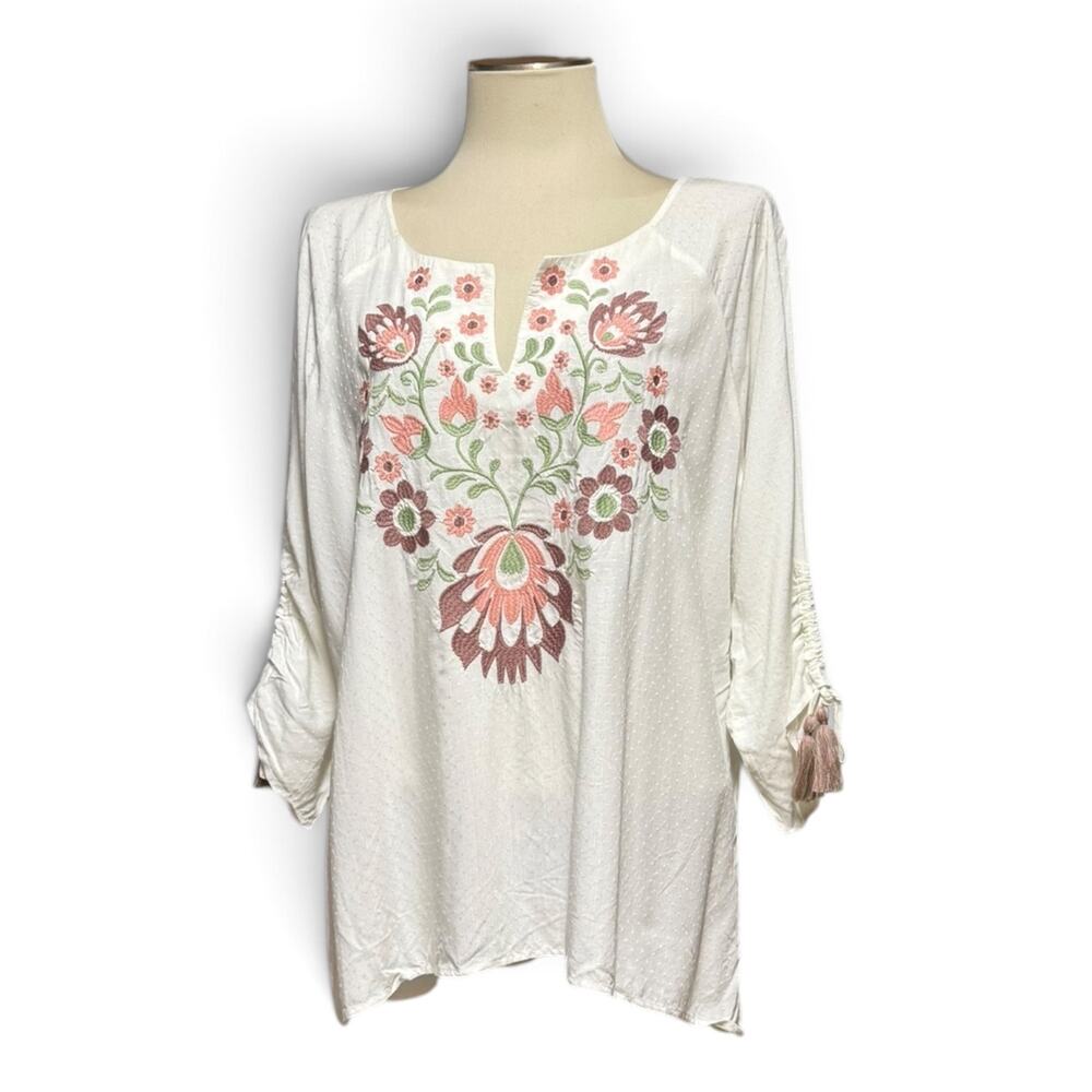 Ariat 3/4 Sleeve Embroidered Floral Tunic Top White Mauve Sage Green XL